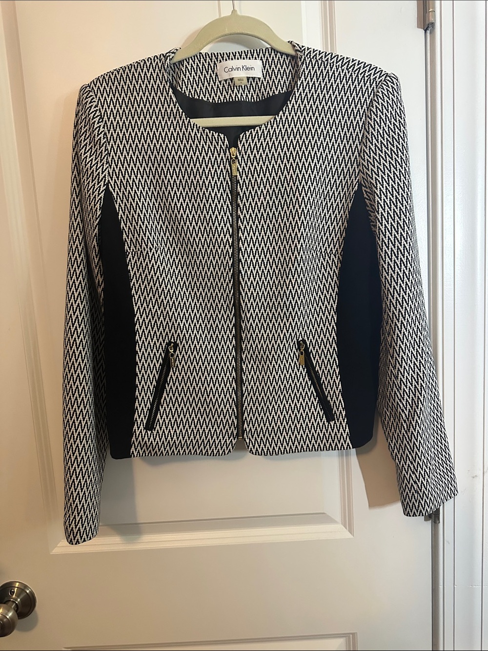 Calvin Klein Black & White Zigzag Collarless Zip Jacket